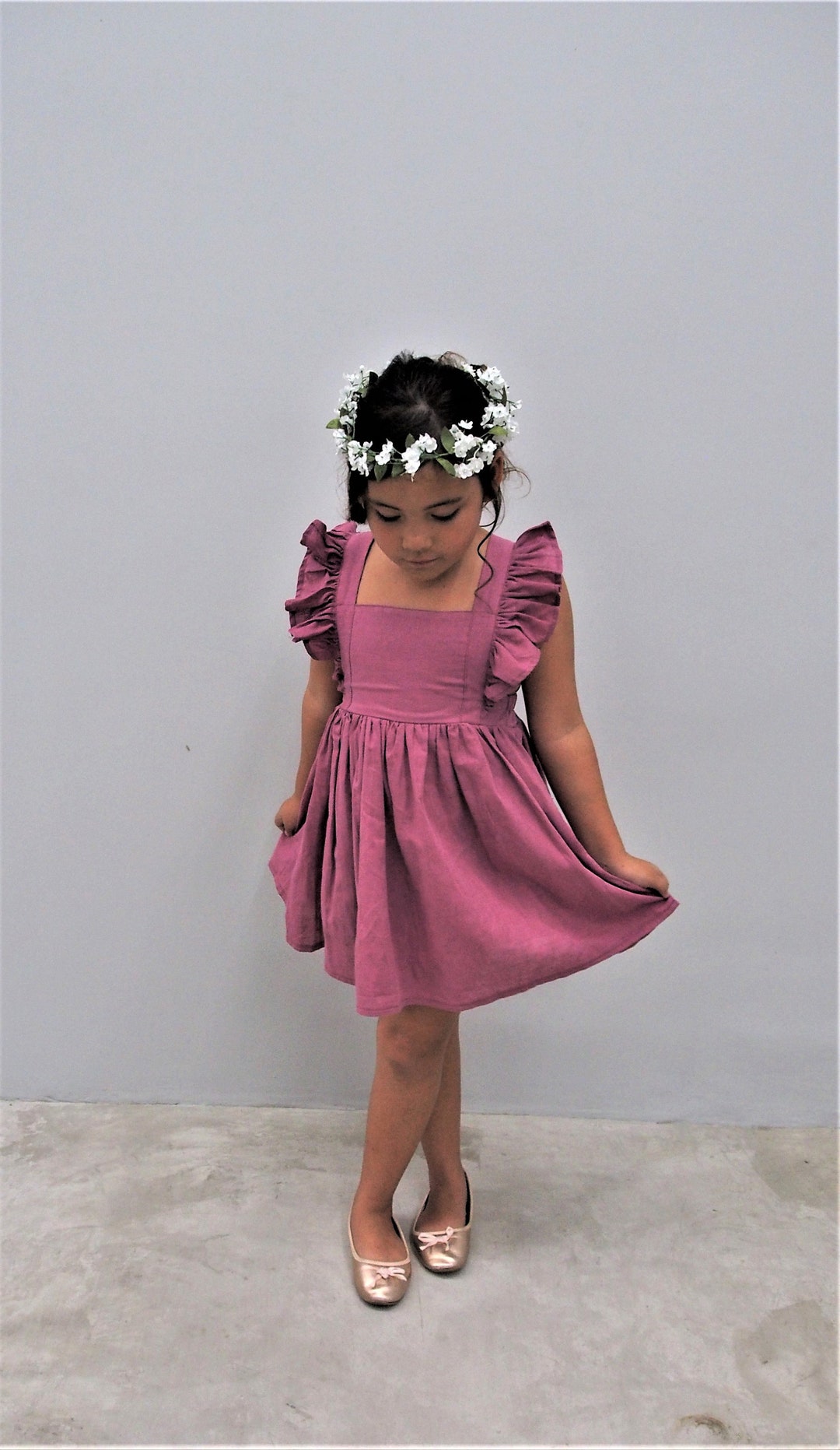 Girl Linen Dress Flower Girl Dress 100 Linen Dress Girl Ruffle Dress