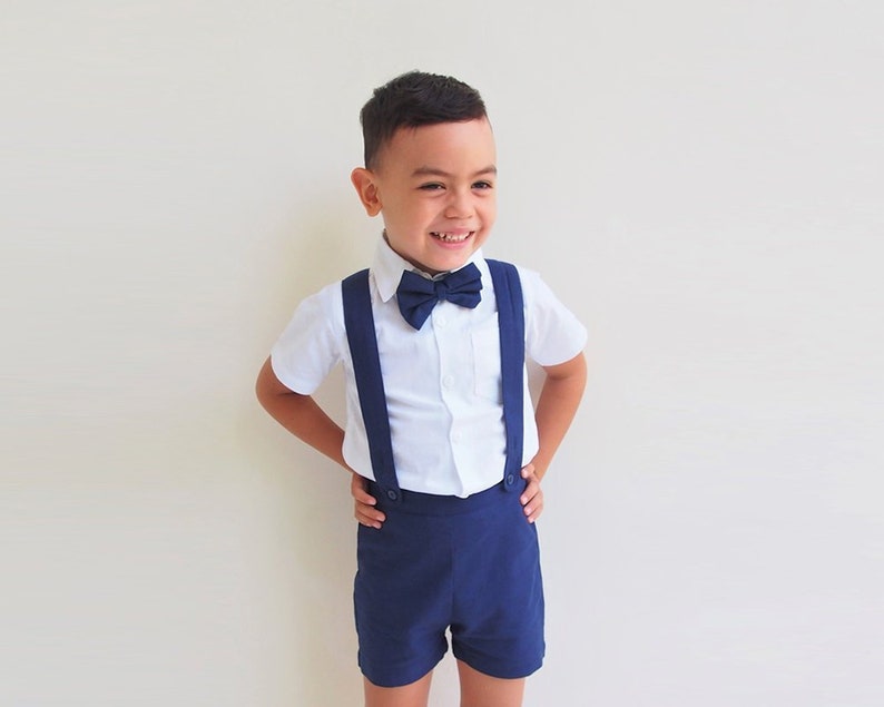 Boy Suspender Shorts  Navy Linen  Shorts Page Boy image 1