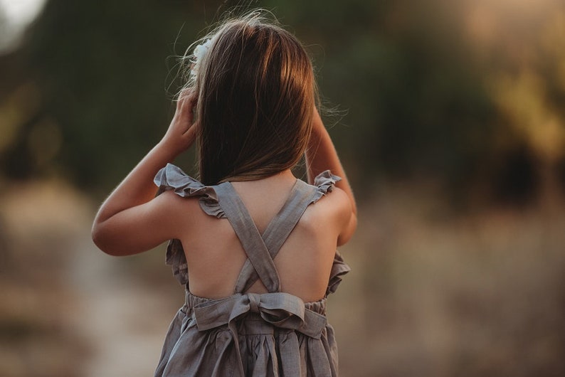 Tied Strap Dress, Beige Linen Dress Dark Beige Flutter Sleeve Dress Baby Girl Linen Dress Baby Shower Gift Flower Girl Dress