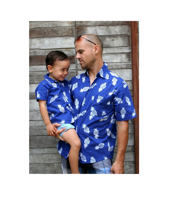 Matching Father Son Hawaiian Luau Outfit Men Shirt Boy Shirt White with  Navy Floral