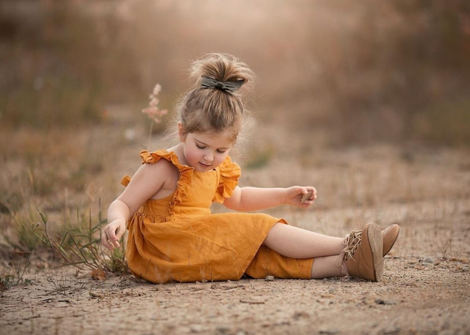 Baby Girl Linen Dress Mustard Flutter Sleeve Dress Flower Etsy
