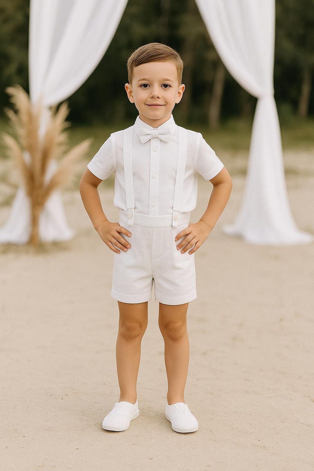 White Boy Suspender Shorts, Linen Blend Shorts, Page Boy
