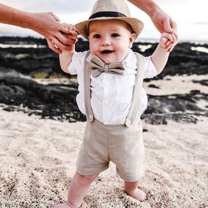 3pcs. Christening Outfit-Beige,Boy Suspender Shorts,Linen Shorts,Page Boy,RingBearer,Baptism boy,Shorts with Braces,Boy Wedding Outfit