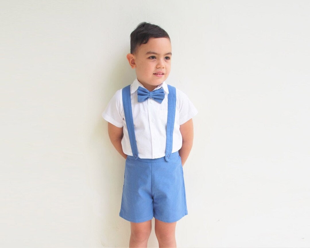 Boy Suspender Shorts Blue, Linen Shorts, Page Boy Suit Pants, Christening Outfit,ring Bearer