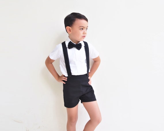 SET OF 3 , 10% Disc , 3 x Boy Suspender Shorts , Black, Suit pants Boy Wedding suit pants, Linen Shorts,Linen Suit boy,Page Boy,Ring bearer,