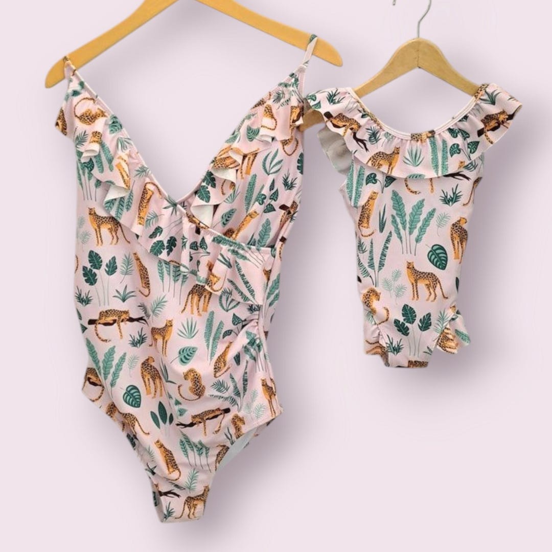 Trajes de baño de guepardo rosa para mamá y yo, conjuntos para mamá y yo,  trajes de baño familiares a juego, trajes de baño familiares, trajes de  baño