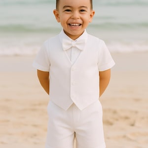 4pcs. White Ring Bearer Suit, Cotton Linen Blend Page Boy Suit, White Christening Suit, Ring Bearer Outfit  Toddler Boy Wedding Suit