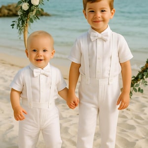 Linen Blend Boy Suspender Pants | White Page Boy Pants | Ring Bearer Outfit | Page Boy Outfit | Pants with Suspenders | Boy Formal Pants