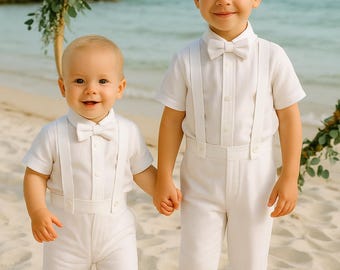 Linen Blend Boy Suspender Pants | White Page Boy Pants | Ring Bearer Outfit | Page Boy Outfit | Pants with Suspenders | Boy Formal Pants