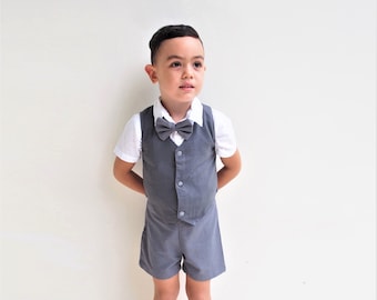 4 pcs Boy Christening Outfit-dark grey,Suspender Shorts,Boy Suit linen,Page Boy,Ring Bearer,Baptism boy,Shorts with Braces,Wedding attendant