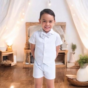 4pcs. Ring Bearer Suit | Page Boy Suit | Ring Bearer Outfit | Page Boy Outfit | Baptism Shorts with Suspenders | Boy linen Blend Suit