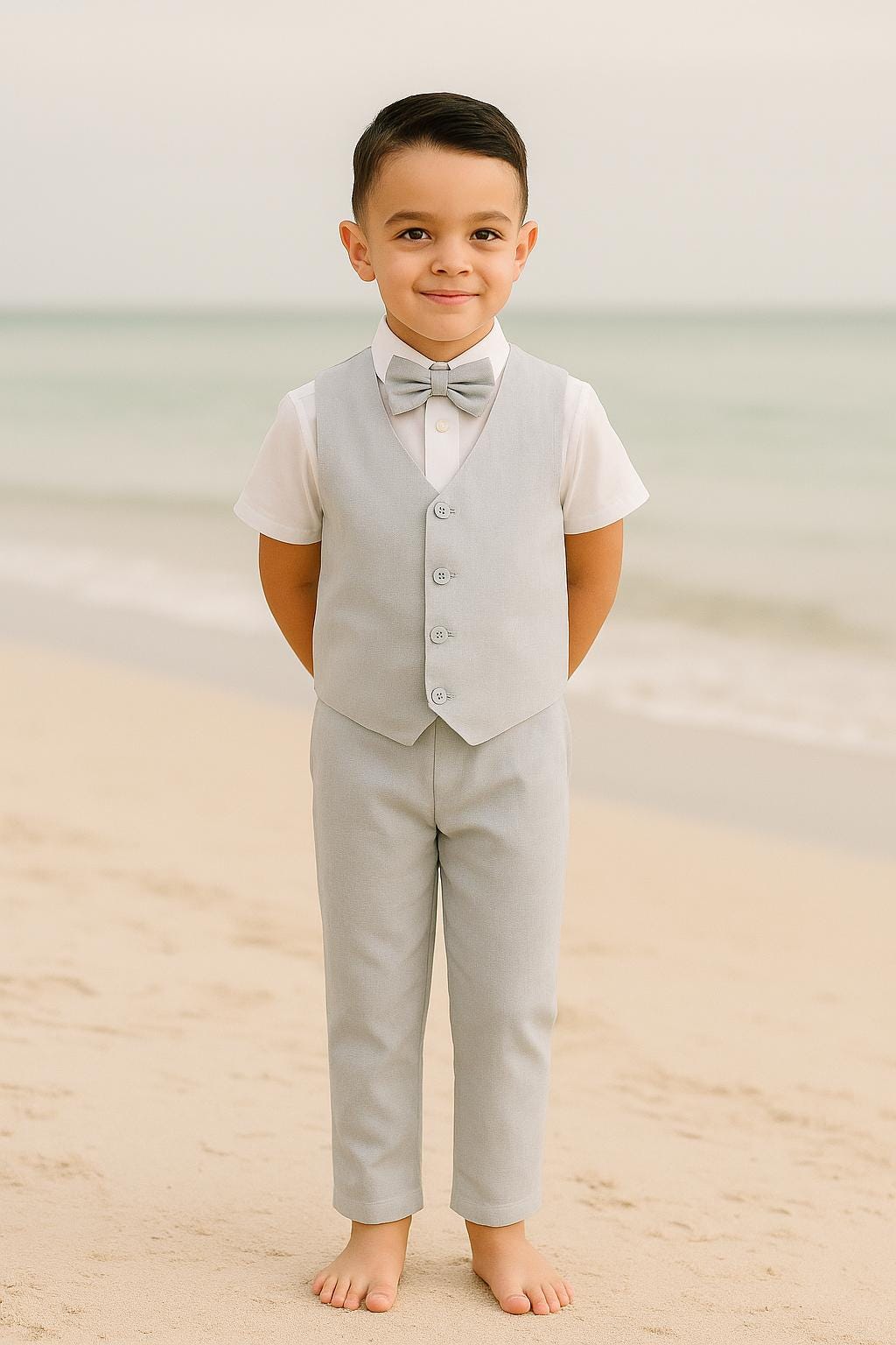 Light Grey Linen Cotton Ring Bearer Suit, 4pcs Page Boy Outfit