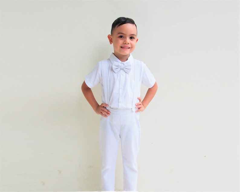 Boy Suspender Pantswhitelinen Pantspage Boychristening Etsy