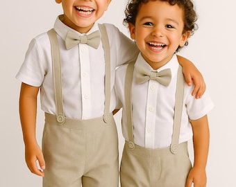 Traje de lino y algodón para portar anillos, traje de paje beige, traje de boda