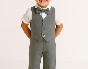4pcs. Charcoal Grey Ring Bearer Suit | Page Boy Suit | Linen Cotton Boy Wedding Suit | Page Boy Outfit | Baptism Suit | Christening Suit