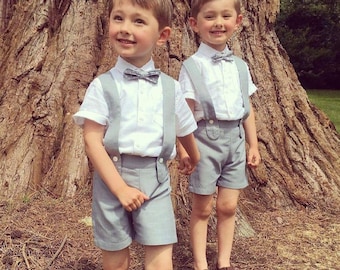 Conjunto de portador de anillos de mezcla de lino / Conjunto de pantalones cortos con tirantes para niños pequeños