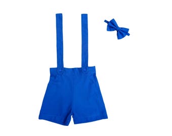 Boy Suspender Shorts- Royal Blue,Linen Shorts,Page Boy,Christening Outfit,Ringbearer outfit,Baptism,Shorts with Braces,Boy Wedding suit,suit