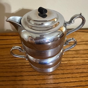 Vintage Art Deco Chromium 2-Piece Stacking Tea Set – Teapot & Sugar/Creamer – Ribbed Chrome – Black Knob