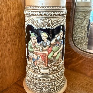 Vintage Ceramarte Beer Stein Hand Painted Brazil German Tavern Scene Embossed Ceramic Mug Oktoberfest Barware Collectible