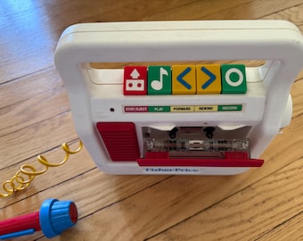 Stary magnetofon kasetowy Fisher Price z 1990 roku z mikrofonem – stan idealny, sprawny