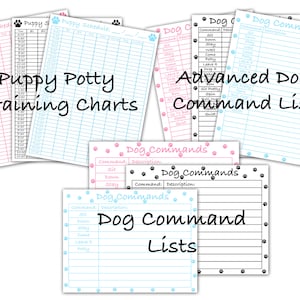May include: Printable dog training charts with paw print borders. The charts include a puppy potty training chart, a puppy schedule, and a dog command list. The command list includes basic commands like sit, stay, come, and leave it, as well as advanced commands like shake, spin, and roll over.