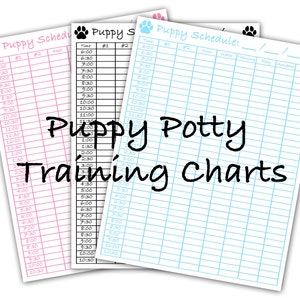 May include: Three printable puppy potty training charts with a pink, blue, and white color scheme. The charts are labeled "Puppy Schedule" and include columns for time, #1, #2, food, water, training, play, and accidents.