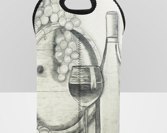 Wine Tote Bag, Wine Barrel, grapes, Wine Carrier, Neoprene Tote, holds 2 wine bottles