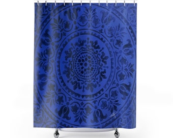 Sapphire Blue Mandala Shower Curtain, royal blue, original art, hand painted