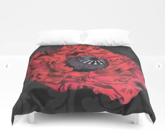 Comforter or Duvet Cover, Red Poppy,  all sizes, pillow shams available, Floral, Red and Black bedding