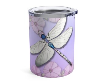 Original Tumbler, Custom hand painted dragonfly art on 10 oz stainless steel travel mug, morning glories