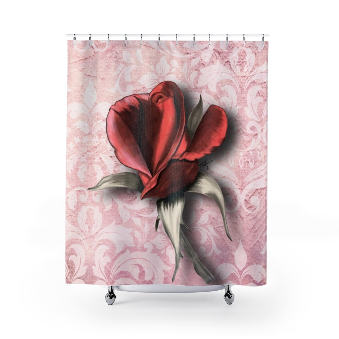 Rosebud Shower Curtain Pink Damask Floral Art Originally Etsy