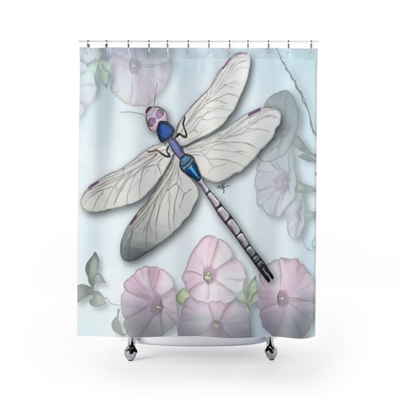 Dragonfly Shower Curtain Morning Glories Original Art Hand Etsy