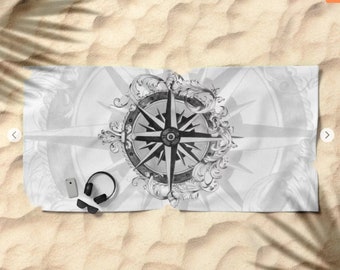 Custom Beach Towel, Original hand painted Compass Rose Beach Towel, Black and White, Travel, home decor