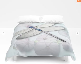 Comforter or Duvet Cover, Mint Dragonfly, all sizes, pillow shams available, morning glories