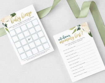 INSTANT DOWNLOAD Tea For Two Baby Shower Games and Signage, Floral Shower Extras, Gold & Emerald Baby Shower, Tea Party Shower Add-Ons