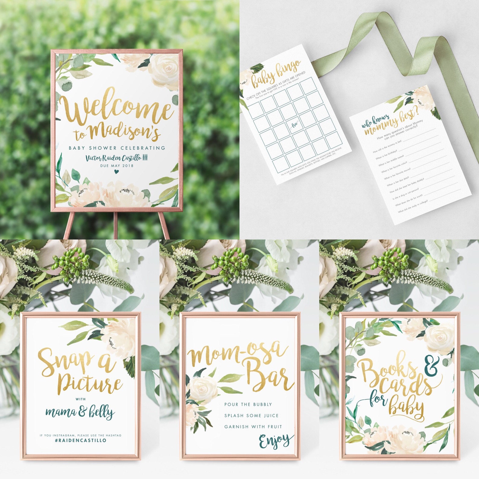 Tea for Two Baby Shower Games and Signage, Floral Shower Extras, Gold