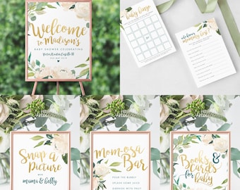 Tea For Two Baby Shower Games and Signage, Floral Shower Extras, Gold & Emerald Baby Shower, Tea Party Shower Add-Ons