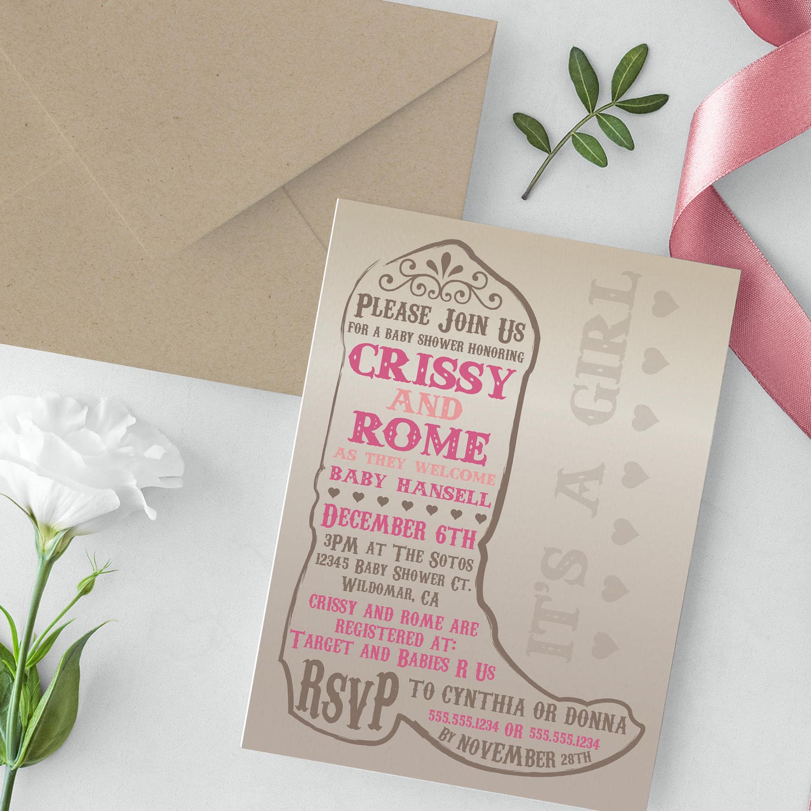 Country Girl Theme Baby Shower Invitation Pink & Brown Etsy