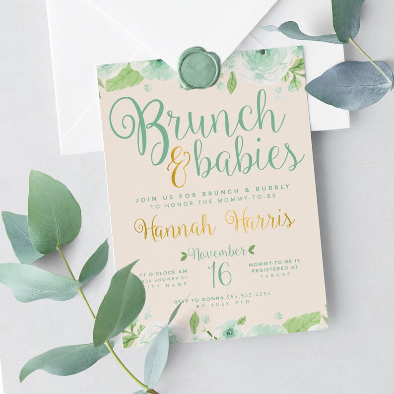 Brunch &amp; Babies Baby Shower Invitation, Mint and Gold Baby Brunch ...