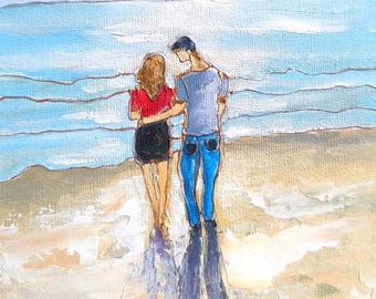 Romantic Beach Painting, Couple by the Sea, Original Oil Painting