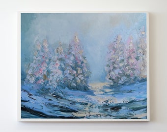 Snowy Trees Painting Blue Pine Trees Forest Print Landscape Painting Neutral Wall Art