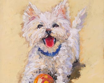Original Dog Oil Painting, White Terrier Portrait with Ball, Textured Pet Art, Handmade Canvas Artwork