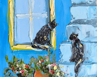 Two Black Cats at a Blue Window, Original Oil Painting
