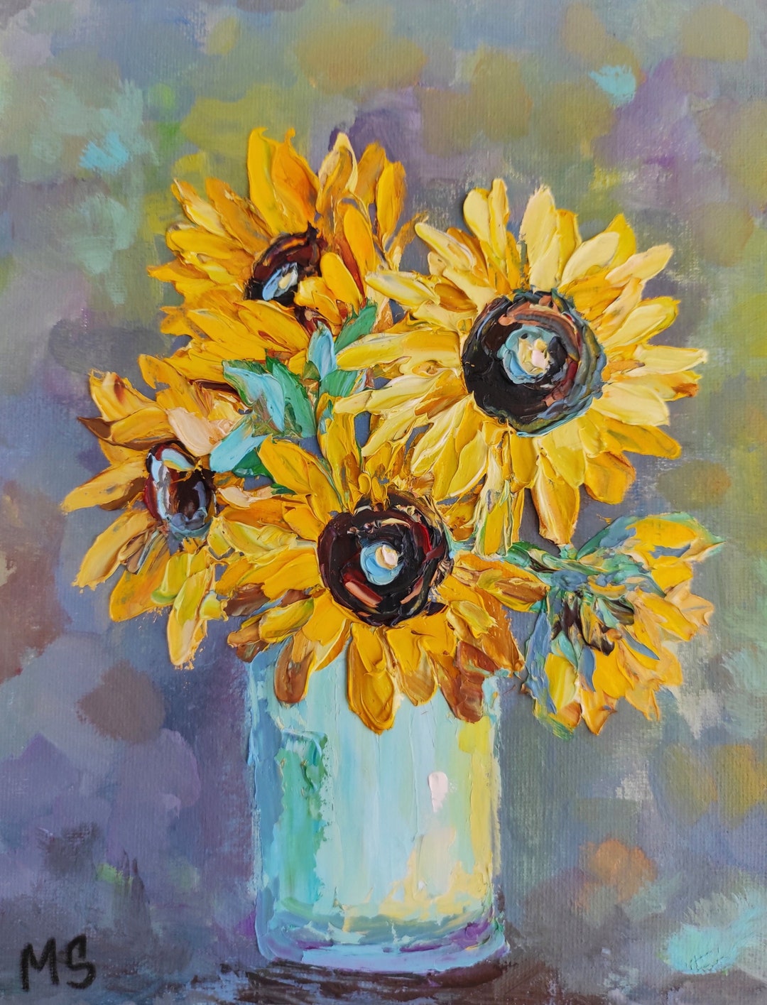 Small Sunflowers Oil Painting Yellow Floral Art Turquoise Vase Still ...