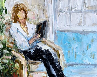 Cozy Figurative Oil Painting Woman Reading Small Collectible Art Gift for Reader Lover