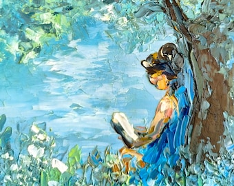 Reading by the Lake Painting, Book Lover Wall Art