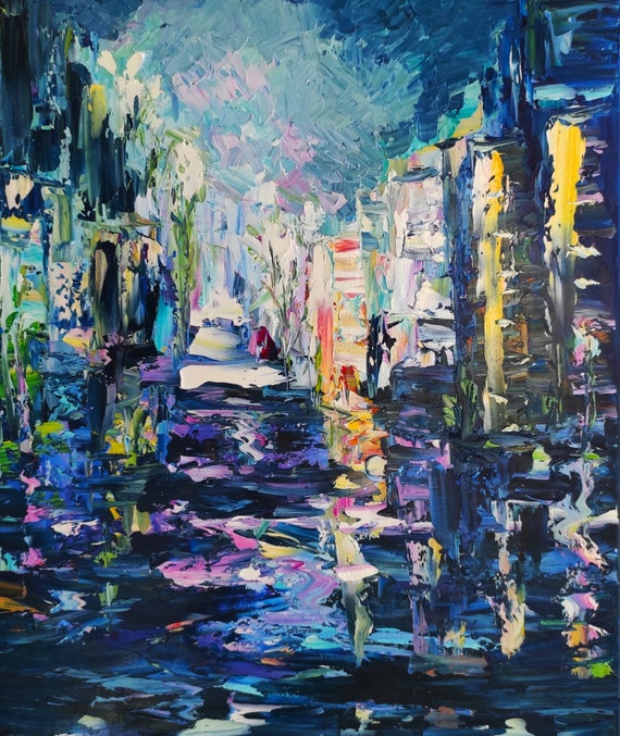 Blue Night Cityscape Original Oil Painting Abstract Urban