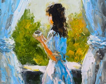 Impasto Oil Painting: Woman in Blue Dress by Window, 6x6 Art