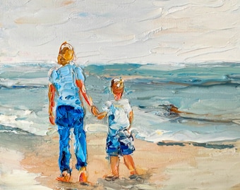 Beach Oil Painting Family Seaside Art Mother Child Art Ocean Wall Decor