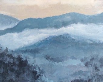Peinture originale de montagnes brumeuses, gris brumeux paysage de montagne, petite oeuvre d'art